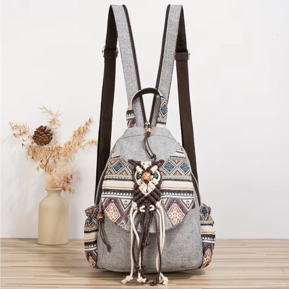 COMING FALL 2026 Boho Southwestern Woven Mini Backpack w/ Macramé Detail